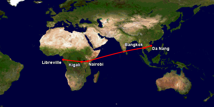 Bay từ Đà Nẵng đến Libreville qua Bangkok, Nairobi, Kigali