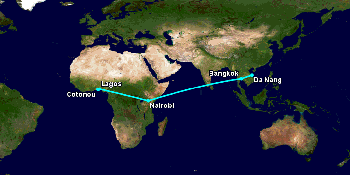 Bay từ Đà Nẵng đến Cotonou qua Bangkok, Nairobi, Lagos