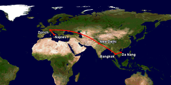 Bay từ Đà Nẵng đến Naples qua Bangkok, New Delhi, Zürich