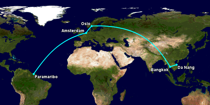 Bay từ Đà Nẵng đến Paramaribo qua Bangkok, Oslo, Amsterdam
