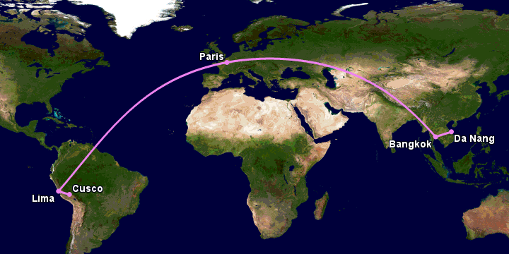 Bay từ Đà Nẵng đến Cuzco qua Bangkok, Paris, Lima