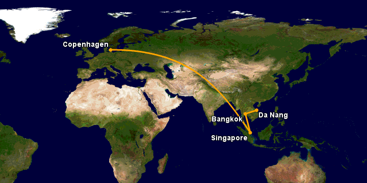 Bay từ Đà Nẵng đến Copenhagen qua Bangkok, Singapore