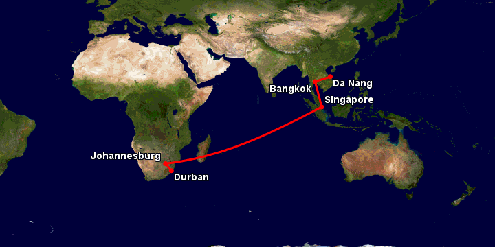 Bay từ Đà Nẵng đến Durban qua Bangkok, Singapore, Johannesburg
