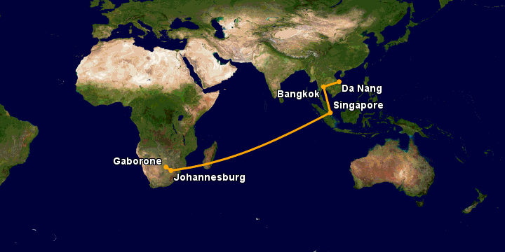 Bay từ Đà Nẵng đến Gaborone qua Bangkok, Singapore, Johannesburg