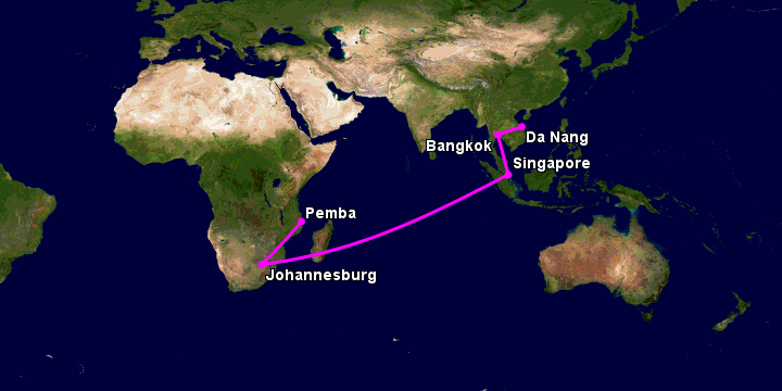 Bay từ Đà Nẵng đến Pemba qua Bangkok, Singapore, Johannesburg