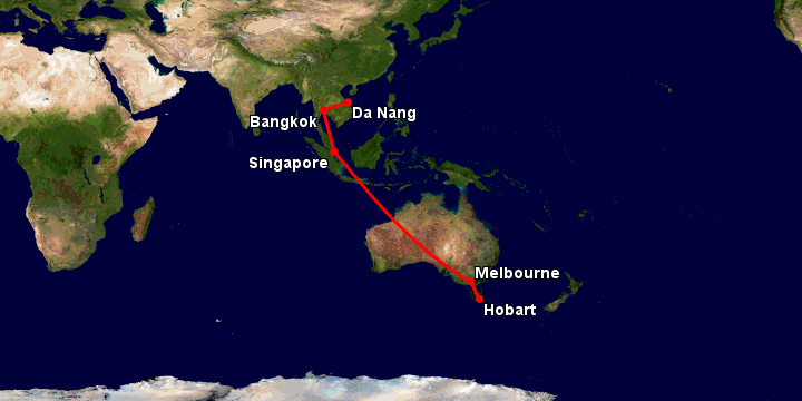 Bay từ Đà Nẵng đến Hobart qua Bangkok, Singapore, Melbourne