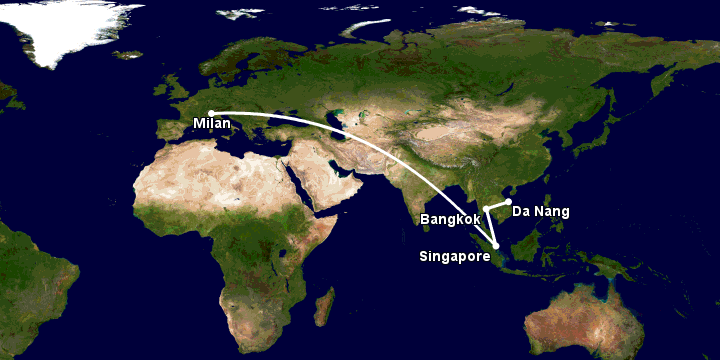 Bay từ Đà Nẵng đến Milan qua Bangkok, Singapore