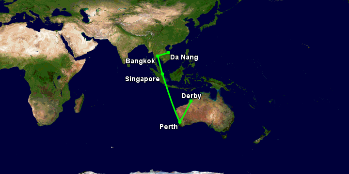 Bay từ Đà Nẵng đến Derby qua Bangkok, Singapore, Perth
