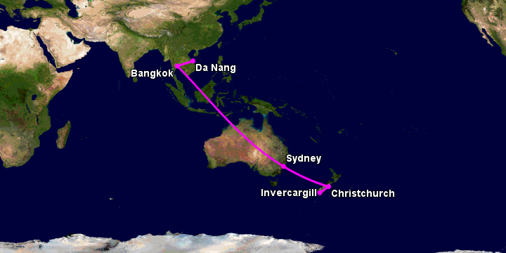 Bay từ Đà Nẵng đến Invercargill qua Bangkok, Sydney, Christchurch