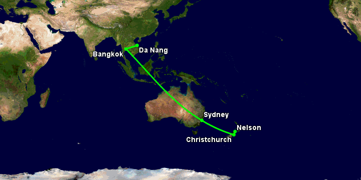 Bay từ Đà Nẵng đến Nelson qua Bangkok, Sydney, Christchurch
