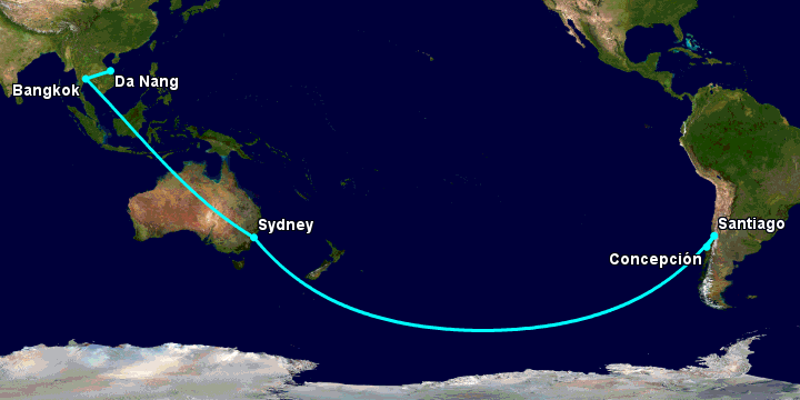 Bay từ Đà Nẵng đến Concepcion qua Bangkok, Sydney, Santiago