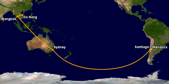 Bay từ Đà Nẵng đến Mendoza qua Bangkok, Sydney, Santiago