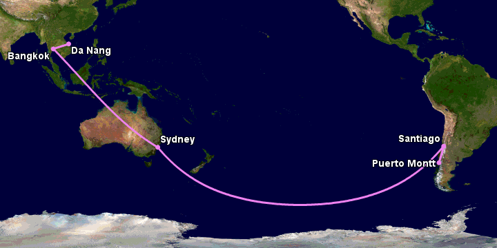 Bay từ Đà Nẵng đến Puerto Montt qua Bangkok, Sydney, Santiago