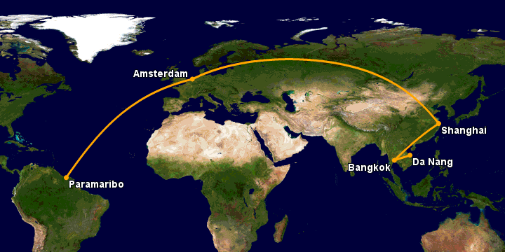 Bay từ Đà Nẵng đến Paramaribo qua Bangkok, Thượng Hải, Amsterdam