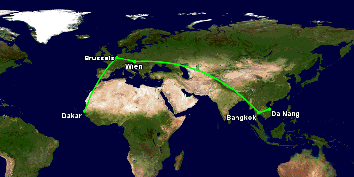 Bay từ Đà Nẵng đến Dakar qua Bangkok, Vienna, Brussels