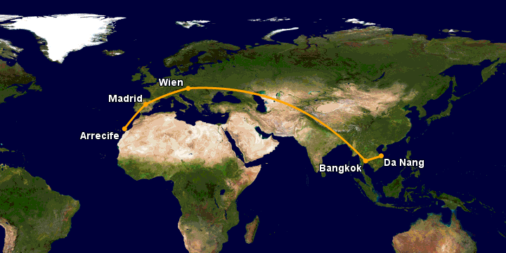 Bay từ Đà Nẵng đến Lanzarote qua Bangkok, Vienna, Madrid