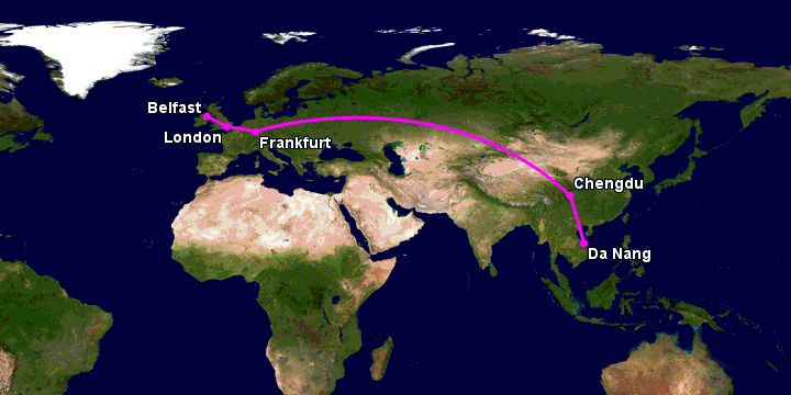 Bay từ Đà Nẵng đến Belfast qua Chengdu, Frankfurt, London
