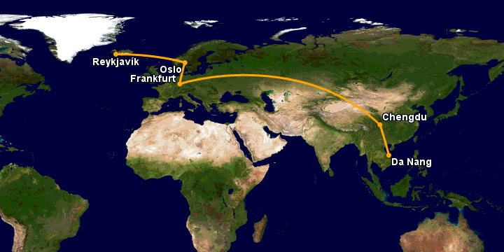 Bay từ Đà Nẵng đến Reykjavik qua Chengdu, Frankfurt, Oslo