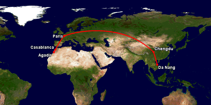 Bay từ Đà Nẵng đến Agadir qua Chengdu, Paris, Casablanca