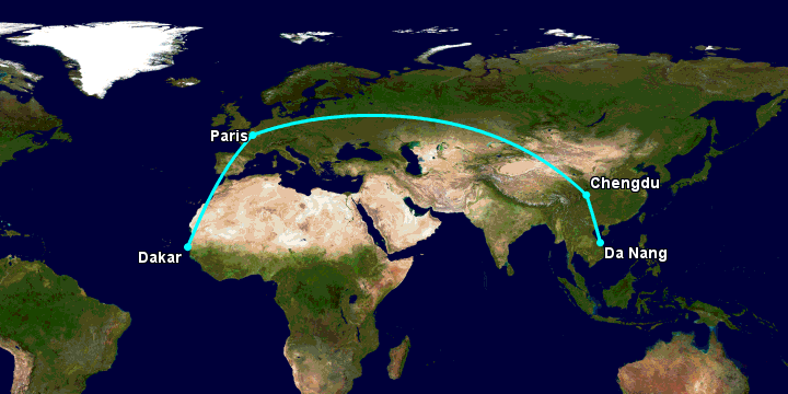 Bay từ Đà Nẵng đến Dakar qua Chengdu, Paris