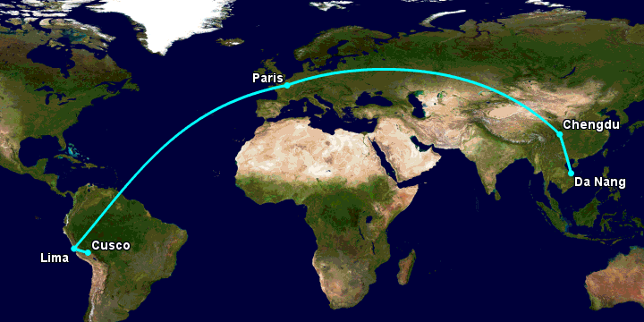 Bay từ Đà Nẵng đến Cuzco qua Chengdu, Paris, Lima