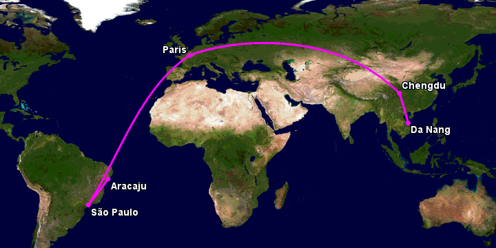 Bay từ Đà Nẵng đến Aracaju qua Chengdu, Paris, Sao Paulo