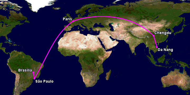 Bay từ Đà Nẵng đến Brasilia qua Chengdu, Paris, Sao Paulo