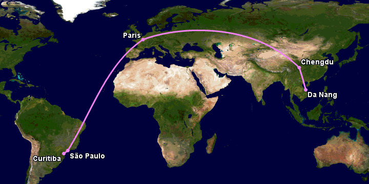 Bay từ Đà Nẵng đến Curitiba qua Chengdu, Paris, Sao Paulo