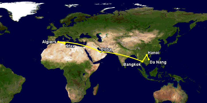 Bay từ Đà Nẵng đến Sfax qua Hà Nội, Bangkok, Doha, Algiers