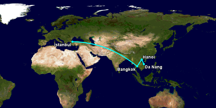 Bay từ Đà Nẵng đến Istanbul qua Hà Nội, Bangkok