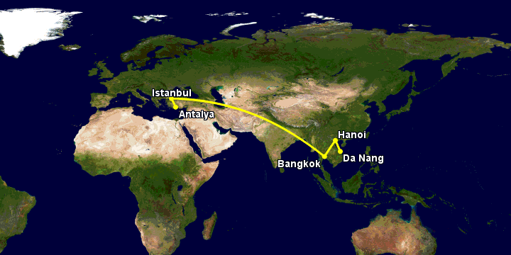 Bay từ Đà Nẵng đến Antalya qua Hà Nội, Bangkok, Istanbul