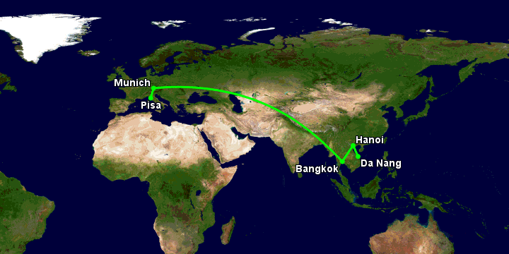 Bay từ Đà Nẵng đến Pisa qua Hà Nội, Bangkok, Munich