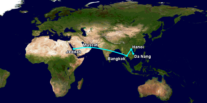 Bay từ Đà Nẵng đến Jeddah qua Hà Nội, Bangkok, Muscat