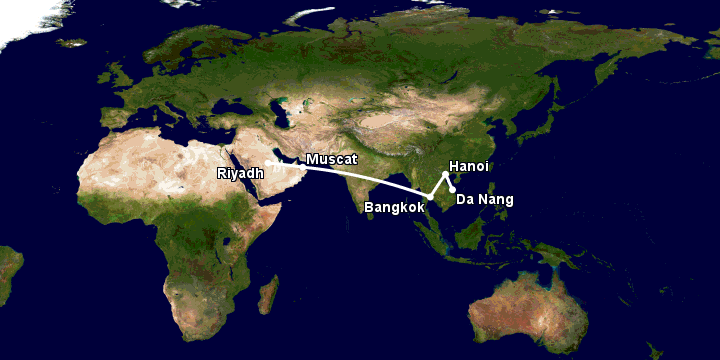 Bay từ Đà Nẵng đến Riyadh qua Hà Nội, Bangkok, Muscat