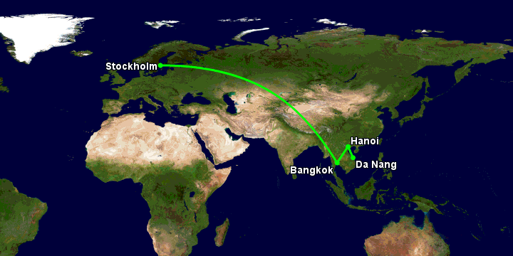 Bay từ Đà Nẵng đến Stockholm qua Hà Nội, Bangkok