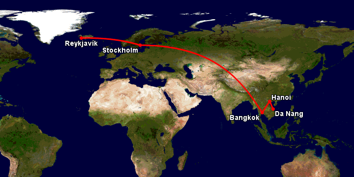 Bay từ Đà Nẵng đến Reykjavik qua Hà Nội, Bangkok, Stockholm
