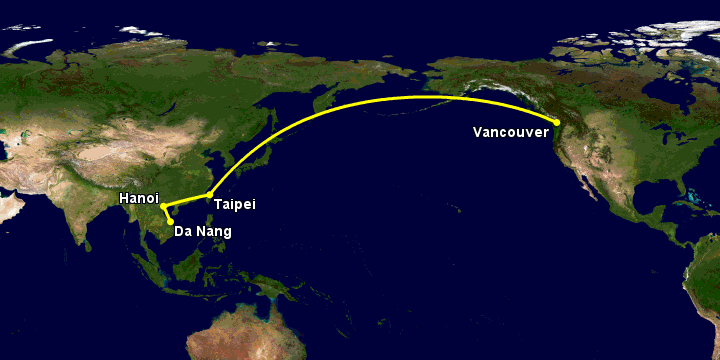 Bay từ Đà Nẵng đến Vancouver qua Hà Nội, Đài Bắc