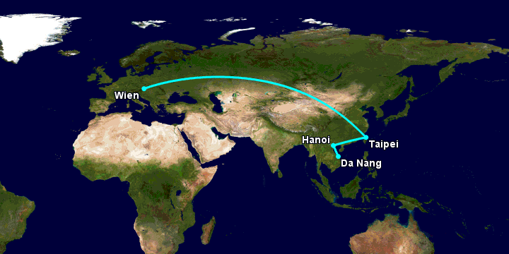 Bay từ Đà Nẵng đến Vienna qua Hà Nội, Đài Bắc