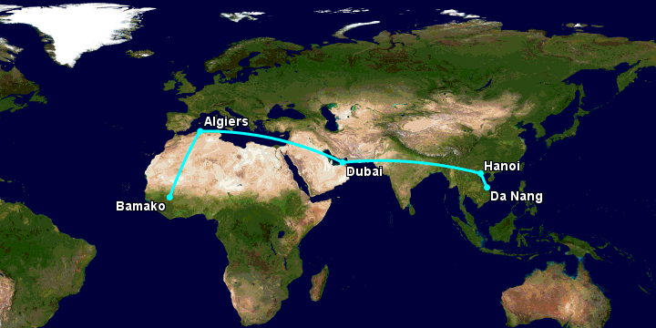 Bay từ Đà Nẵng đến Bamako qua Hà Nội, Dubai, Algiers