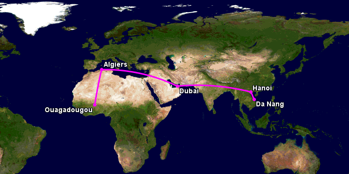 Bay từ Đà Nẵng đến Ouagadougou qua Hà Nội, Dubai, Algiers