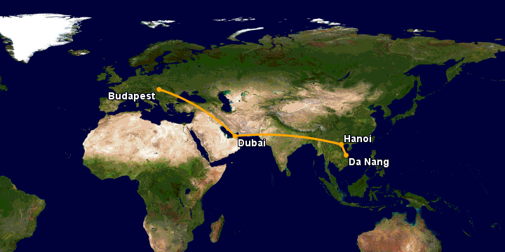 Bay từ Đà Nẵng đến Budapest qua Hà Nội, Dubai