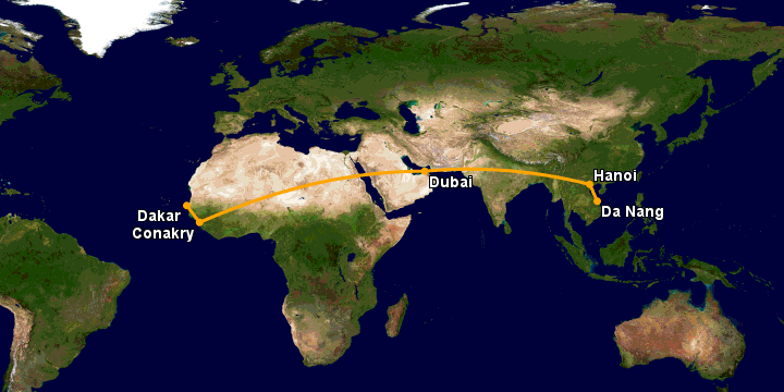 Bay từ Đà Nẵng đến Dakar qua Hà Nội, Dubai, Conakry