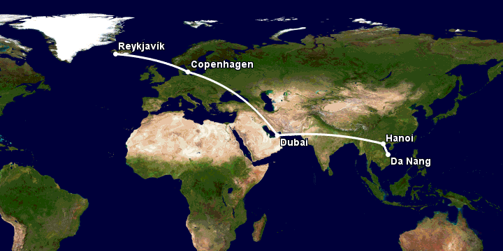 Bay từ Đà Nẵng đến Reykjavik qua Hà Nội, Dubai, Copenhagen