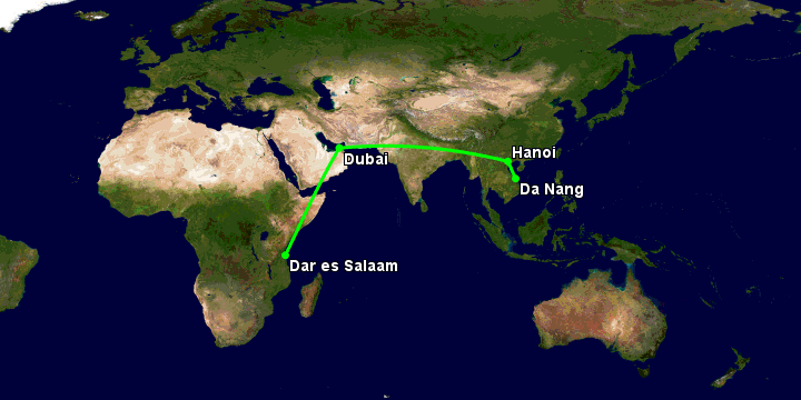 Bay từ Đà Nẵng đến Dar Es Salaam qua Hà Nội, Dubai
