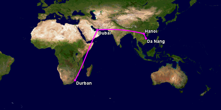 Bay từ Đà Nẵng đến Durban qua Hà Nội, Dubai