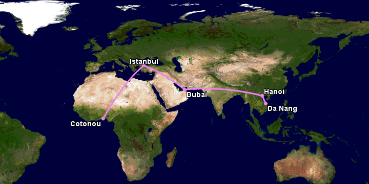 Bay từ Đà Nẵng đến Cotonou qua Hà Nội, Dubai, Istanbul