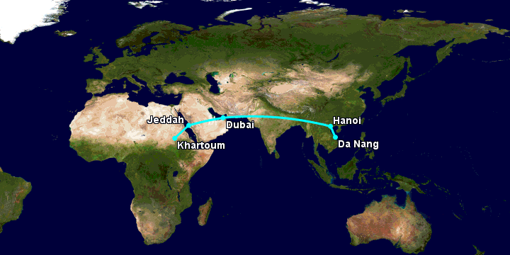 Bay từ Đà Nẵng đến Khartoum qua Hà Nội, Dubai, Jeddah