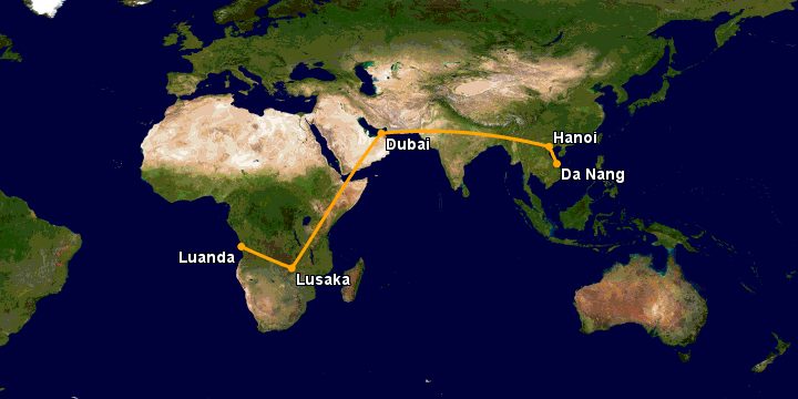 Bay từ Đà Nẵng đến Luanda qua Hà Nội, Dubai, Lusaka