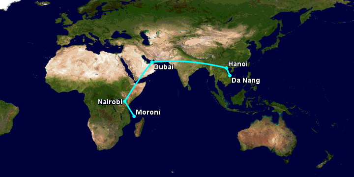 Bay từ Đà Nẵng đến Moroni Hahaya qua Hà Nội, Dubai, Nairobi