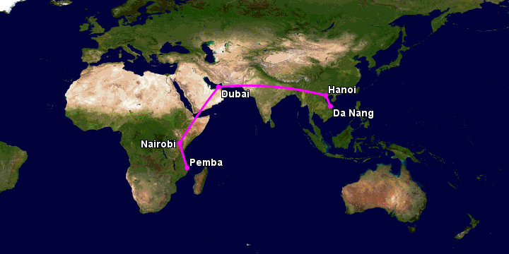 Bay từ Đà Nẵng đến Pemba qua Hà Nội, Dubai, Nairobi